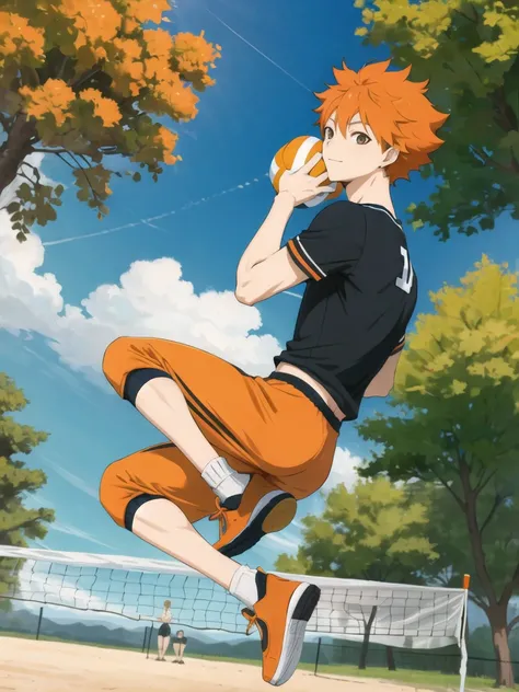 <lora:ShouyouHinataV2:0.6>,high res, masterpiece, Shouyou Hinata , orange hair, solo, 1boy, male, volleyball court, outside,blue sky, woods, , detailed eyes,