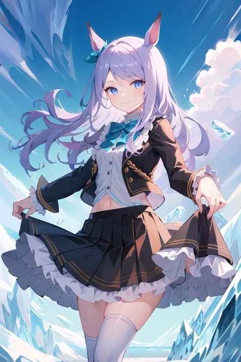 extremely detailed CG unity 8k wallpaper,illustration,lens 135mm,masterpiece, best quality,
mejiro mcqueen \(umamusume\),1girl,solo,cowboy shot,looking at viewer,aquagradient eyes,light smile,skirt lift,
green bowtie, armband, long sleeves, frilled sleeves, frills, striped shirt, black coat, pleated skirt, black skirt, kneehighs, socks, black footwear, lace-up boots, cross-laced footwear
ice, ice, ice, Antarctic, iceberg,(midday:1.5),(sunny:1.5),(Blue sky:1.2),(cloud),
 <lyco:mejiroMcqueen_v10:0.7>