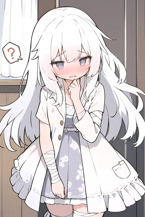 ,1 girl,Paisley print wrap sundress with a ruffled trim and waist tie,  SPOKEN BLUSH, QUESTION MARK, indoors, infarmary, surprised face, girls' frontline neural cloud,    <lora:Rbeyrrlesv2:0.75> 1 girl, RBEYRRLES, white hair, silver eyes,,bandages,  <lora:speech_bubble_v1-000010:1>  SPOKEN BLUSH, SPOKEN EXCLAMATION MARK