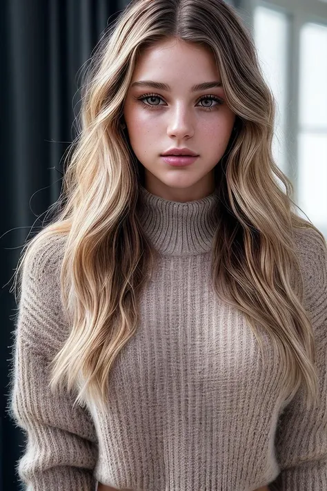 1Girl 24 years old, nur, Lange Haare, boobplate, Blick auf den Betrachter, blondes Haar, nackte Schultern, braune Augen, Schmuck, full entire body, Halskette, schulterfrei, Pullover, Lippen, realistisch, Nase, Flirten mit der Kamera