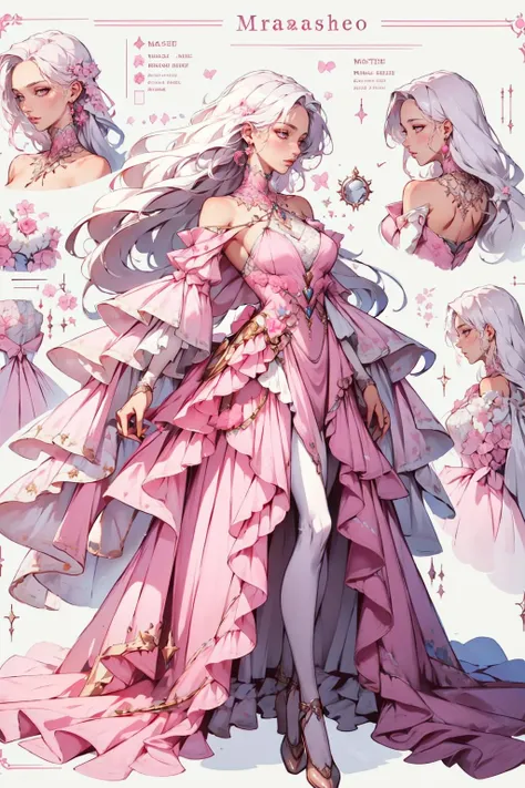 (masterpiece, best quality:1.3), 1woman, white hair, pink dress, detailed, text, concept <lora:Concept_clothes:1.5>