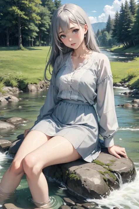 A real life photo of an adult woman on the stream bank, wide opened eyes, big eyeballs, swarthy skin, gray hair, jewelry,
a crystal clear water stream, a sunny meadow, clouds,
warm palette
perfect shot, film grain