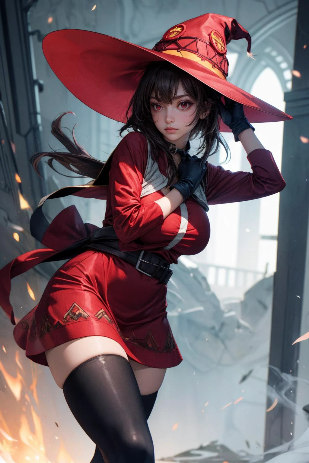 (ultra realistic,32k, masterpiece:1.2),(high detailed skin:1.1),( high quality:1.1),
<lora:megumin:0.8>megumin,(sigh:1.1), 1girl, solo, short hair,brown hair, short hair with long locks, bandaged leg, black hair, red eyes,dress, red dress, hat, witch hat, gloves, black gloves, thighhighs, bandages, fingerless gloves, long sleeves, bandaged leg, black thighhighs, single thighhigh, Medieval elemental haven, elemental forces, balance of elements, sacred sanctuary blurry background,,fighting pose, huge breast,large breast,<lora:add_detail:0.96>,
(soft shaded neon light:1.1),