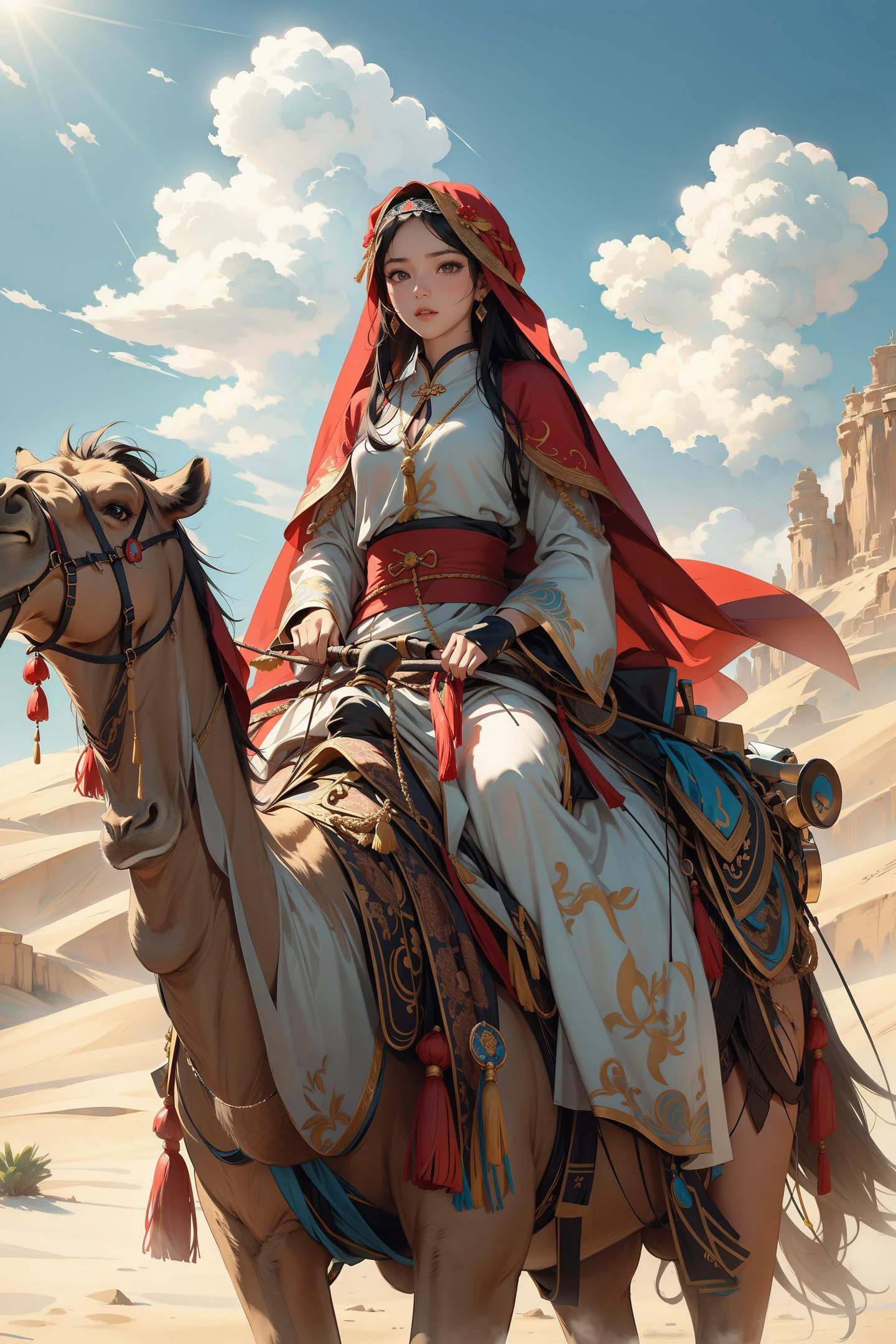 xuer riding camel, 1girl, desert, sky, day, cloud, solo, long hair, outdoors, black hair, veil, chinese clothes, jewelry,,<lora:绪å¿-ä¸è·¯ xuer riding camel:0.8>