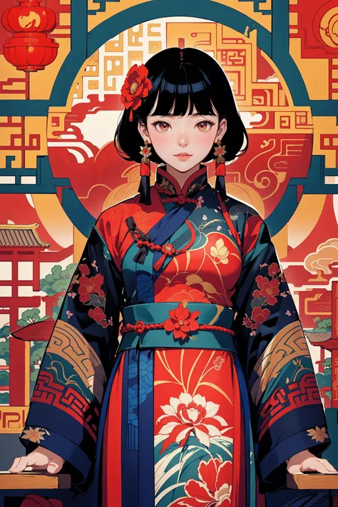 <lora:绪å¿-æ°ææè£
ç¢éæå¾ xuer Vector illustration:0.8> xuer traditional chinese art opera,1girl,solo,upper body, floral print,east asian architecture,ancient china,landscape garden,pavilion,pool,Mahogany chair,open view,rockery,ancient Chinese wooden architecture,Corridor bridge,return to the ancients,oil lamp peaceful,beautiful,cozy,scenery with hills and waters., xuer Vector illustration,