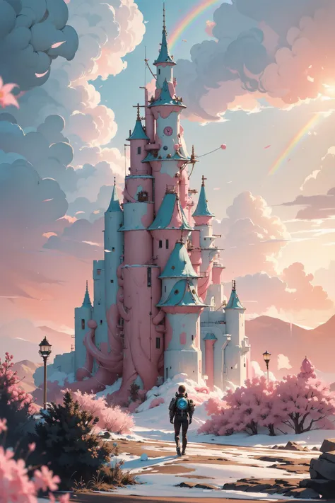 cinematic photo biomechanical style land art style hyperrealistic (A landscape with a pink atmosphere that scatters the light in different hues, creating a colorful and whimsical environment. The flora is fantastical and whimsical, such as cotton candy clouds, rainbow flowers, and candy cane trees. The geology is mostly soft and sweet, with marshmallows, chocolate, and jelly. The mood is playful and fun.),photorealistic,extreme detail,lifelike,crisp,precise. natural materials,outdoor,detailed . blend of organic and mechanical elements,futuristic,cybernetic,detailed,intricate . 35mm photograph,film,bokeh,professional,4k,highly detailed, ,<lora:ã西å¼é ç²ã绪å¿-çè
ä¹è·¯_V1:0.8>