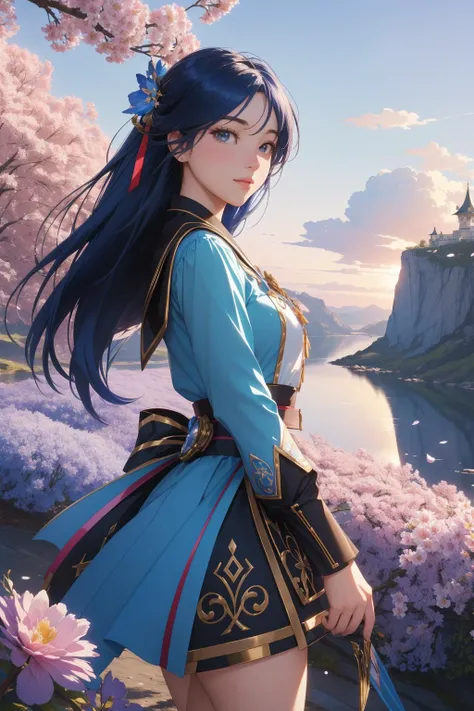 1girl, fantasy Renderman, crowded nature and flowers, elegant, Landscape of a Aggressive [Miserable:Romantic:18] ("The Gift of Victory":1.3) , at Blue hour, Panorama, Realistic, Happy, Academism, Sunlight, F/8, Fujicolor, overly complex style, intricate, photolab, most beautiful artwork in the world, (stylized by Niko Henrichon:1.2)