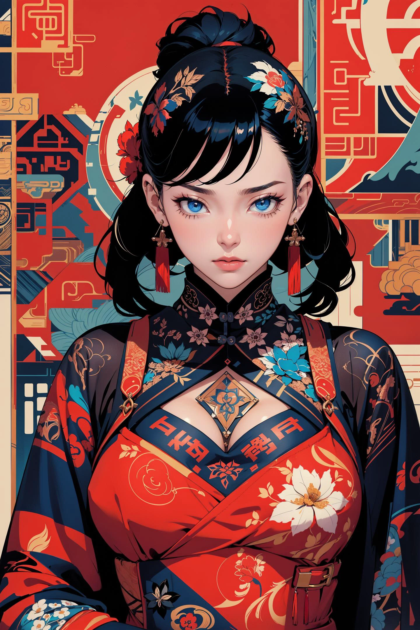 <lora:绪å¿-æ°ææè£
ç¢éæå¾ xuer Vector illustration:0.8> (dramatic, gritty, intense:1.4),masterpiece,best quality,32k uhd,insane details,intricate details,hyperdetailed,hyper quality,high detail,ultra detailed,Masterpiece, bestquality,highdefinition,huadan,bestquality,masterpiece,highres, offcial art,colorful,Colorful background,splash of color,movie perspective,advertising style,magazine cover, A beautiful woman with delicate facial features,(meca style),big breasts,full body portrait,tattoo all over body,flower arms,in a large villa,indoor, Best quality,masterpiece,ultra high res,Modern,Chinese,Song rhyme,Oriental,pretty,Blue eyes, xuer Vector illustration,