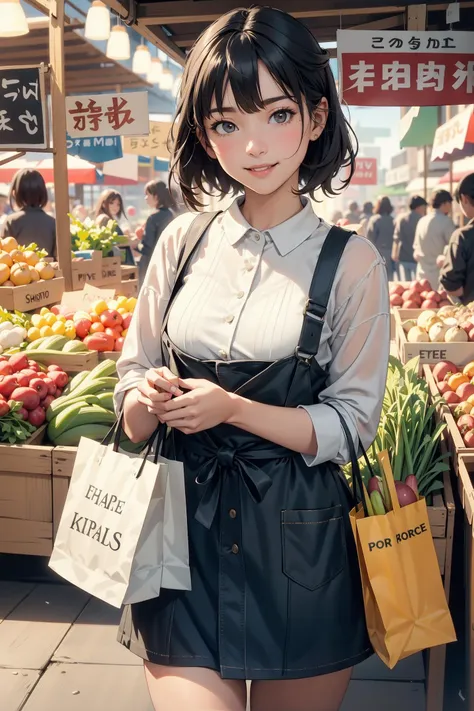 Cinematic still of girl holding shopping bag full of vegetables with paws, shopping with smile in a market. . Shallow depth of field, vignette, highly detailed, high budget, bokeh, Cinemascope, moody, epic, gorgeous, film grain, grainy