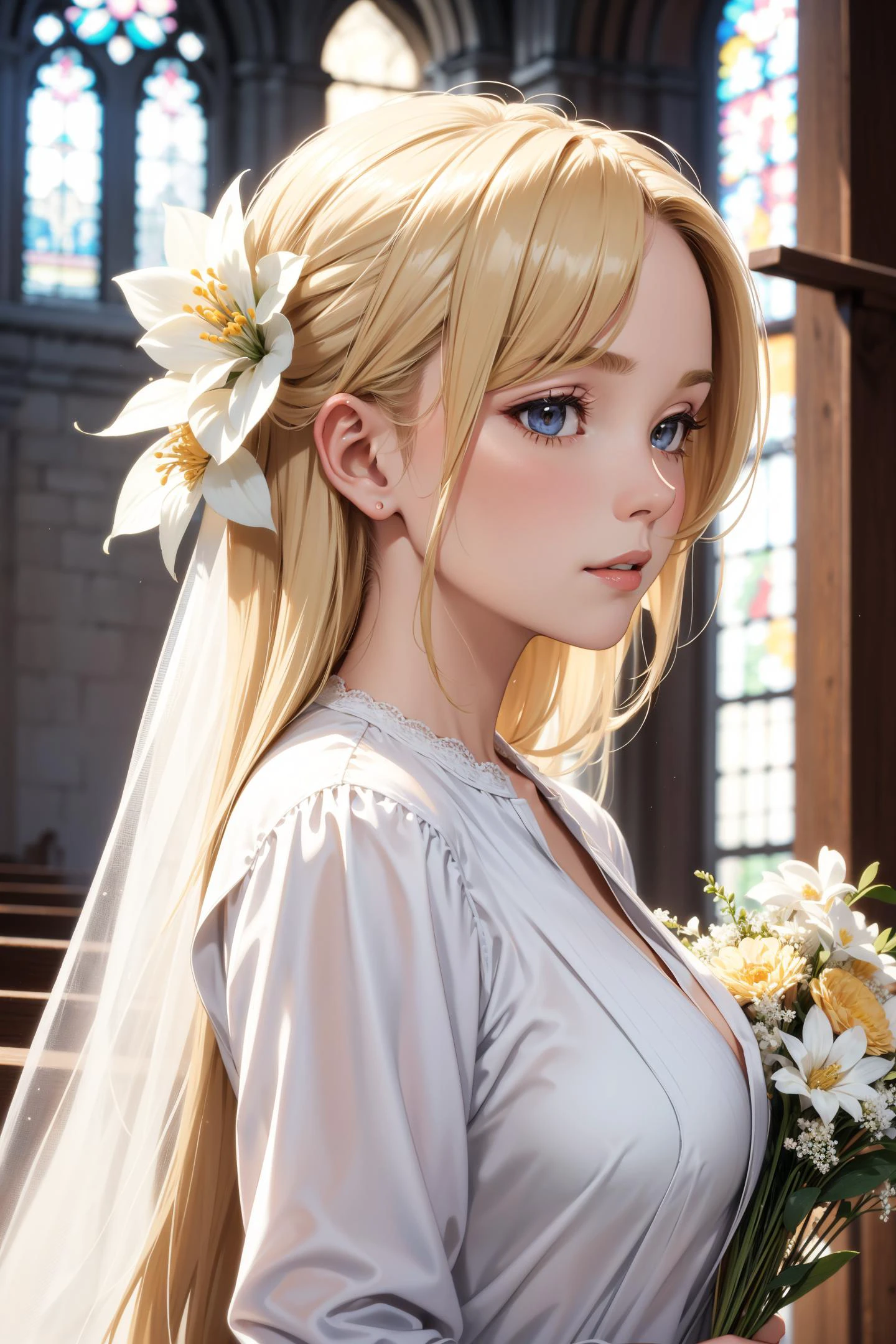 mature woman,blonde,portrait,church,wedding dress,holding flower,day,long hair,close up,from side