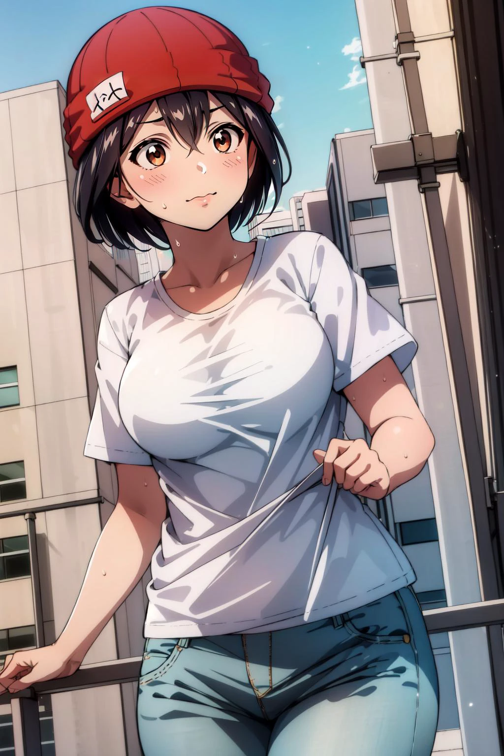 (masterpiece, best quality), intricate details,
1girl, <lora:FuukoIzumoNDV-10:0.8> FuukoIzumoNDV, 1girl, black hair, brown eyes, large breasts, short hair, red beanie, white t-shirt, jeans
sweating, hot,
city, buildings, japan,