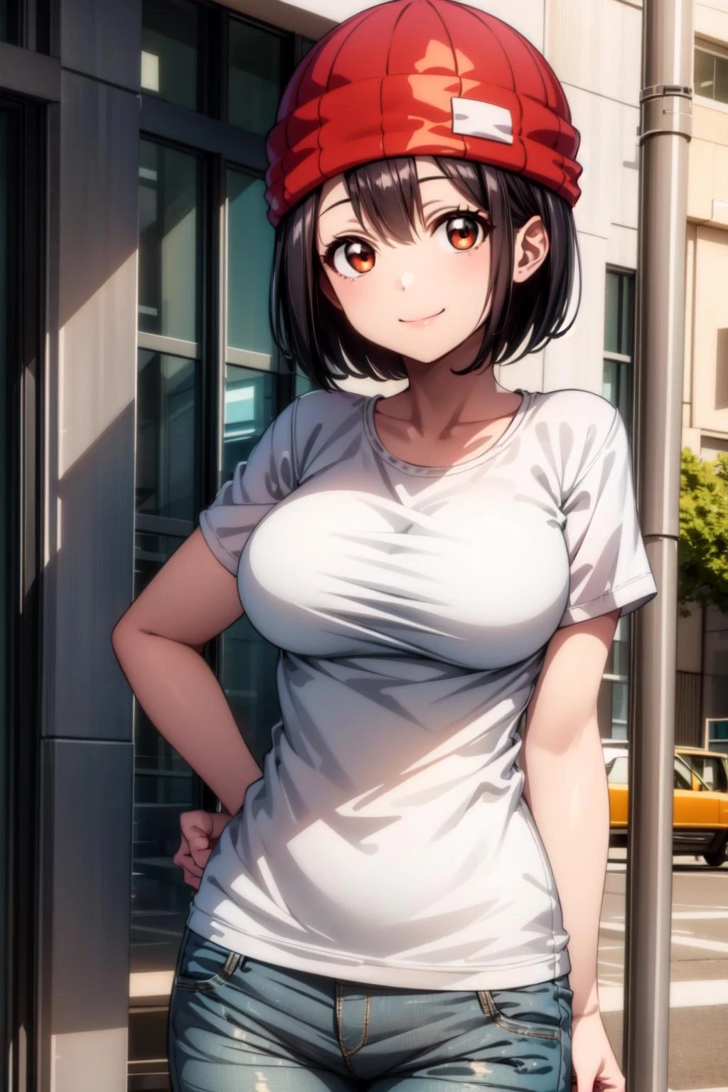 best quality, masterpiece, 1girl, (solo:1.1), raytracing, ultra detailed,detailed face, 8k wallpaper, wide hips, <lora:more_details:0.5>, smile, FuukoIzumoNDV, 1girl, black hair, brown eyes, large breasts, short hair, red beanie, white t-shirt, jeans, outdoor,<lora:FuukoIzumoNDV:0.7>