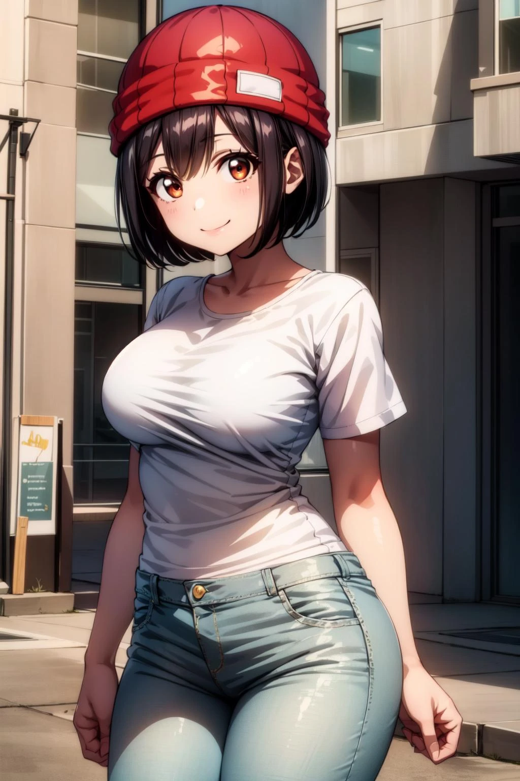 best quality, masterpiece, 1girl, (solo:1.1), raytracing, ultra detailed,detailed face, 8k wallpaper, wide hips, <lora:more_details:0.5>, smile, FuukoIzumoNDV, 1girl, black hair, brown eyes, large breasts, short hair, red beanie, white t-shirt, jeans, outdoor,<lora:FuukoIzumoNDV:0.7>