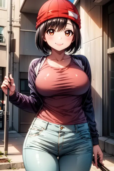 best quality, masterpiece, 1girl, (solo:1.1), raytracing, ultra detailed,detailed face, 8k wallpaper, wide hips, <lora:more_details:0.5>, smile, FuukoIzumoNDV, 1girl, black hair, brown eyes, large breasts, short hair, red beanie, white t-shirt, jeans, outdoor,<lora:FuukoIzumoNDV:0.7>