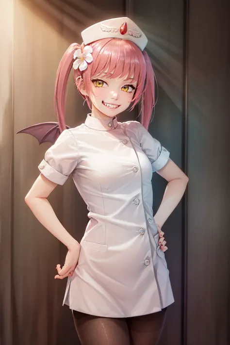 (masterpiece, best quality:1.2), <lyco:chanthology_ebola-chan-10:0.8>, cowboy shot, solo, 1girl, ebola-chan, blood, evil grin, looking at viewer, hands on hips, twintails, hair flower, hair ornament, nurse cap, nurse, pantyhose, wings