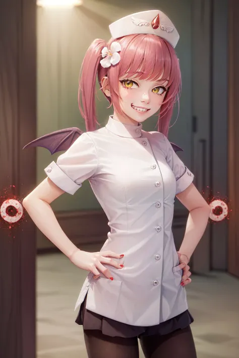 (masterpiece, best quality:1.2), <lyco:chanthology_ebola-chan-10:0.8>, cowboy shot, solo, 1girl, ebola-chan, blood, evil grin, looking at viewer, hands on hips, twintails, hair flower, hair ornament, nurse cap, nurse, pantyhose, wings