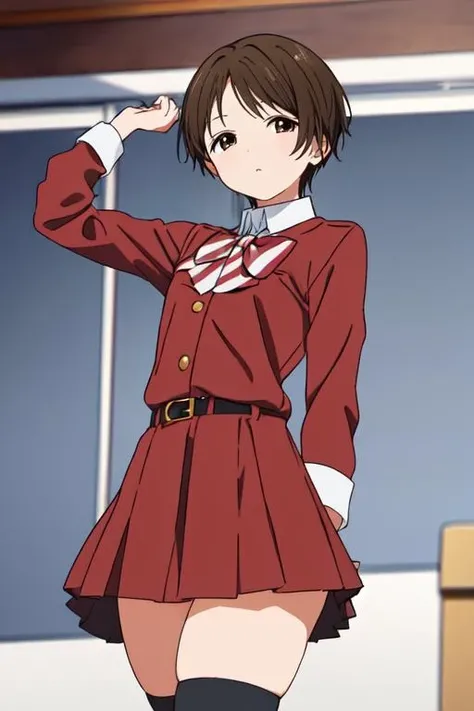 masterpiece, highres, 1girl,short hair, brown eyes, brown hair, <lora:KeiTanigawaR4:0.7>, KeiTanigawaR4, school uniform, santa dress, red thighhighs