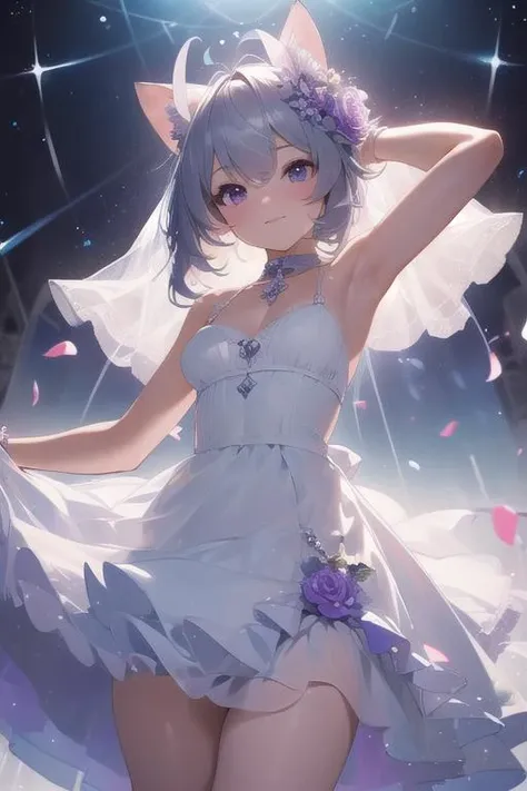 (best quality,4k,highres,masterpiece:1.2),ultra-detailed,1girl,arms up,backless dress,backless outfit,bandaged arm,bandages,bare shoulders,black ribbon,breasts,bridal veil,closed mouth,detached sleeves,dress,flower,frilled sleeves,frills,grey hair,halo,purple eyes,purple halo,ribbon,see-through,sleeveless,sleeveless dress,small breasts,solo,thighhighs,thighs,veil,white dress,white thighhighs,