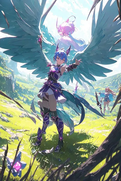 (masterpiece, high quality, perfect eyes: 1.2) magical girl anime, dusk background, wilderness, heroic, epic battle, fighting against monsters