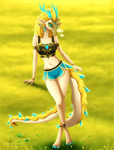 a full-length portrait female lightdragon, dragon, hi res, the legend of zelda, (princess zelda:0.0), blonde hair, hair, horn, medium breasts, crop top, boy shorts grass field, detailed background, digital media (artwork), breath of the wild, <lora:LightDragonLoraBB95Prodigy-000200:0.7>, (by magnaluna)