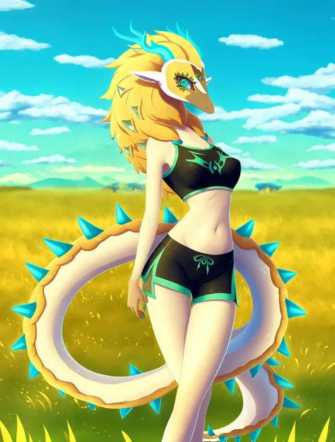 a full-length portrait female lightdragon, dragon, hi res, the legend of zelda, (princess zelda:0.0), blonde hair, hair, horn, medium breasts, crop top, boy shorts grass field, detailed background, digital media (artwork), breath of the wild, <lora:LightDragonLoraBB95Prodigy-000200:0.7>, (by magnaluna)