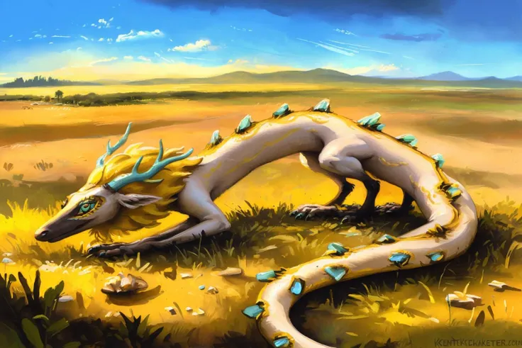 a full-length portrait female lightdragon, eastern dragon, hi res, the legend of zelda, blonde hair, hair, horn, grass field, detailed background, digital media (artwork), breath of the wild, <lora:LightDragonLoraBB95Prodigy-000200:0.7>, (by kenket)