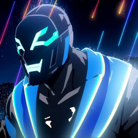 masterpiece, best quality,detailed, cinematic lighting,1boy, dark scene, blue mask,athletic, white eyes, mask,no pupils, night city, neon lighthing,mist, particles, male focus, mask, muscular, muscular male,angry,blood on face,raining,looking at viewer,masterpiece<lora:supercrooksstyle:0.8>