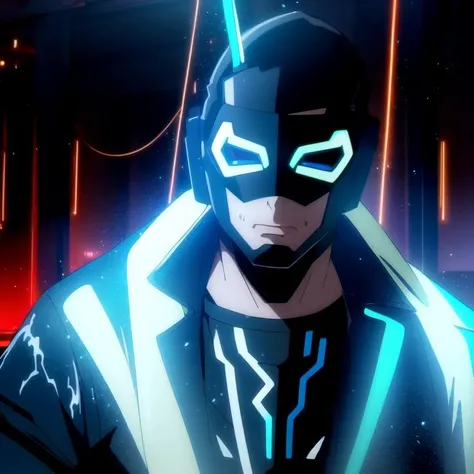 masterpiece, best quality,detailed, cinematic lighting,1boy, solo,dark scene, blue mask,athletic, white eyes, mask,no pupils, night city, neon lighthing,mist, particles, male focus, mask, muscular, muscular male,angry,blood on face,raining,looking at viewer,masterpiece<lora:supercrooksstyle:0.8>