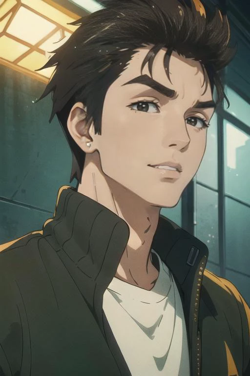 ((masterpiece)),(illustration),best quality,delicate details,refined rendering,((Menga style)),(((Toon style))),(portrait:1.41),8k,toon style,((Japan anime)),1boy,male focus,solo,handsome,Stylish Pose,portrait,thick eyebrows,black eyes,solid eyes,model,tall,thin,slim asian boy,Knit sweater,Wide-leg pants,Smirk,<lora:Parasyte-shinichi:1>,Seductive Smile,cinematic lighting,volumetric lighting,