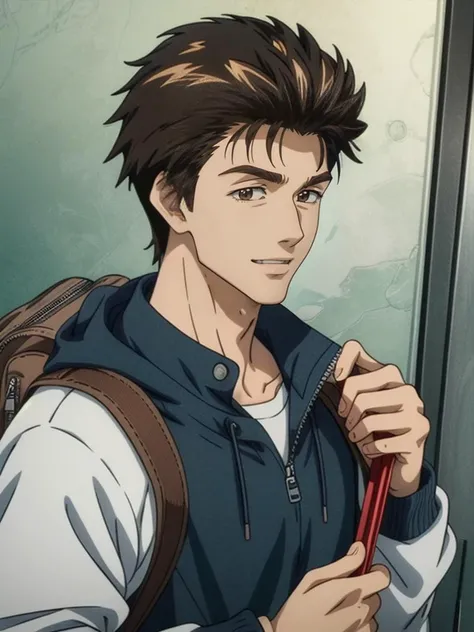 (masterpiece:1.21),(illustration:1.1),best quality,delicate details,refined rendering,Anime style,anime cgi,extremely detailed CG unity 8k wallpaper,1boy,shinichi,adult,185cm slim male,tall,thin,solo,portrait,Seductive Smile,happy,<lora:add_detail:1>,<lora:Parasyte-shinichi:0.9>,going to school with a schoolbag,
