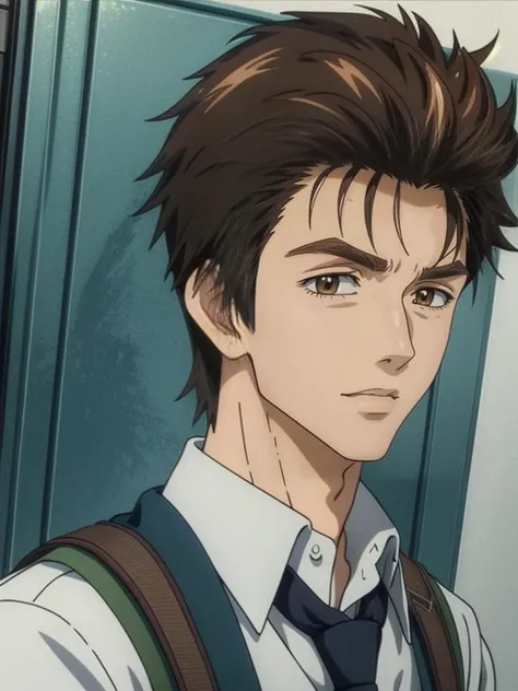 (masterpiece:1.21),(illustration:1.1),best quality,delicate details,refined rendering,Anime style,anime cgi,extremely detailed CG unity 8k wallpaper,1boy,shinichi,adult,185cm slim male,tall,thin,solo,portrait,Naughty Face,happy,<lora:add_detail:1>,<lora:Parasyte-shinichi:0.9>,going to school with a schoolbag,