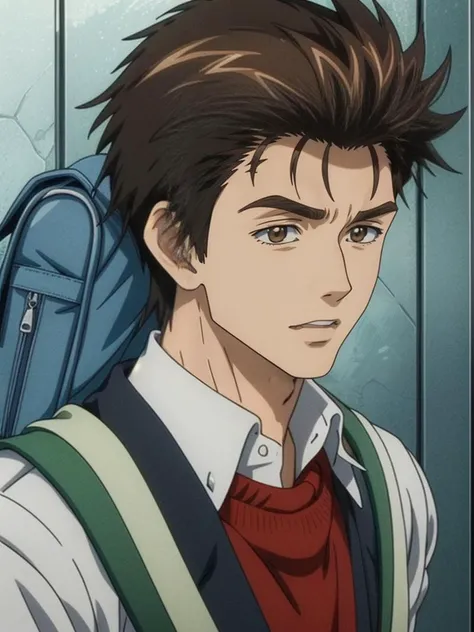 (masterpiece:1.21),(illustration:1.1),best quality,delicate details,refined rendering,Anime style,anime cgi,extremely detailed CG unity 8k wallpaper,1boy,shinichi,adult,185cm slim male,tall,thin,solo,portrait,Naughty Face,happy,<lora:add_detail:1>,<lora:Parasyte-shinichi:0.9>,going to school with a schoolbag,