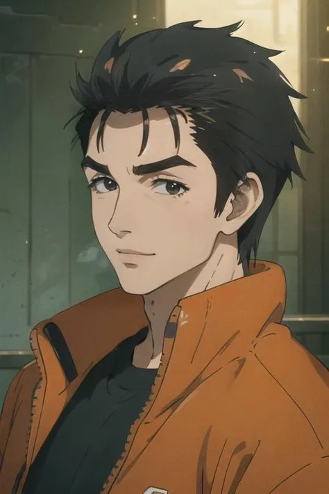 ((masterpiece)),(illustration),best quality,delicate details,refined rendering,((Menga style)),(((Toon style))),(portrait:1.41),8k,toon style,((Japan anime)),1boy,male focus,solo,handsome,Stylish Pose,portrait,thick eyebrows,black eyes,solid eyes,model,tall,thin,slim asian boy,Track jacket,Capris,Happy Halloween,<lora:Parasyte-shinichi:1>,Seductive Smile,cinematic lighting,volumetric lighting,