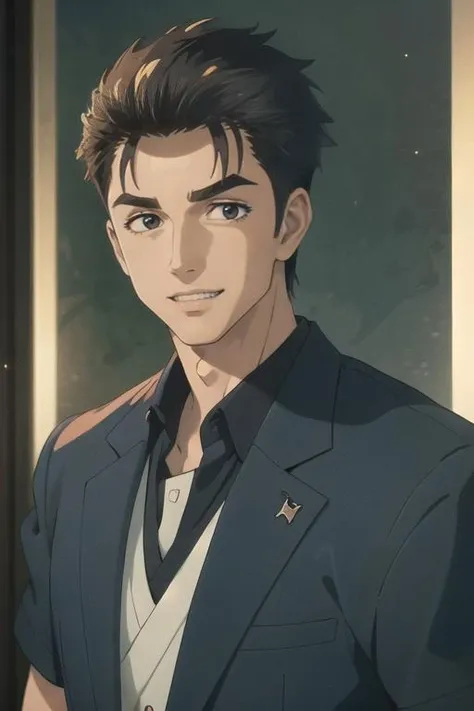 ((masterpiece)),(illustration),best quality,delicate details,refined rendering,((Menga style)),(((Toon style))),(portrait:1.41),8k,toon style,((Japan anime)),1boy,male focus,solo,handsome,Stylish Pose,portrait,thick eyebrows,black eyes,solid eyes,model,tall,thin,slim asian boy,Short-sleeve dress shirt,Suit pants,Grin,<lora:Parasyte-shinichi:1>,Crazy Smile,cinematic lighting,volumetric lighting,