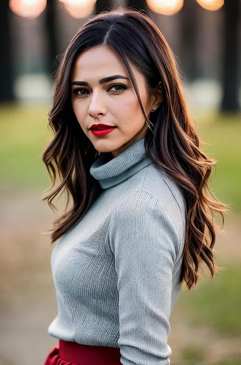 beautiful woman (aitanasinger:.99), perfect waist, closeup portrait, realistic, (detailed:1.15),(film grain, skin details, 4k:1), thirsty, Dappled Light, analog style (look at the viewer), (skin texture), (film grain), (hyper-realistic texture skin:1.3), cinematic light, sidelighting, ultra high res, best shadow, RAW, beautiful hair, designer jacket, fashionable skirt, turtleneck shirt, winter city park, professional model photoshoot, hdr, sunset, (red lips)