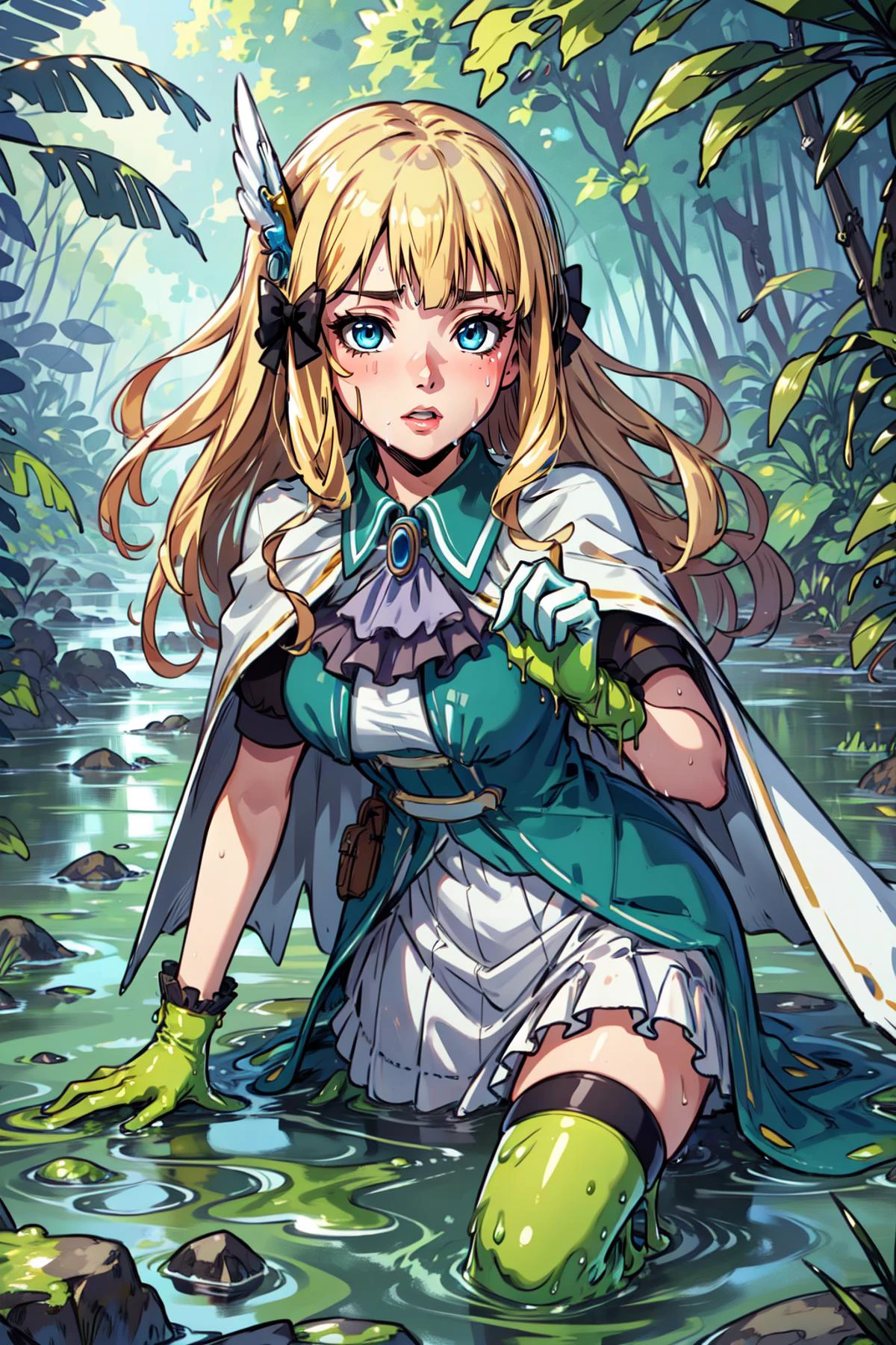 (masterpiece, best quality), intricate details,
1girl, <lora:saren_v1:0.8> aasaren, long hair, blonde hair, hair bow, black bow, hair ornament, blunt bangs, pointy ears, large breasts, brooch, white cape, aqua dress, underbust, short sleeves, white gloves, white skirt, frilled skirt, white thighhighs,
sweating, boob sweat,
<lora:bottomlessSwamp:0.5> swamp,bottomless swamp,sticky slime,slime (creature),slime (substance),, swamp,bottomless swamp,sticky slime,slime (creature),slime (substance),dark,green theme,towards viewer,(bare hand only),
outdoors, jungle, hot, vines,