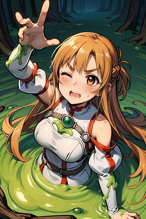 masterpiece,best quality,highly detailed,1girl,solo,clenched teeth,one eye closed,struggling,serious,v-shaped eyebrows,constricted pupils,scared,
<lora:asuna_(sao)_v1:0.7>,aaasuna,long hair,brown hair,braid,brown eyes,bare shoulders,armor,breastplate,white sleeves,detached sleeves,
BREAK
<lora:bottomlessSwamp:0.4>,swamp,bottomless swamp,sticky slime,slime (creature),slime (substance),dark,green theme,submerged,(from above,looking up,reaching towards viewer),reaching out,arm up,close-up,melting,drooling,