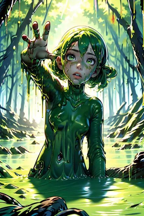 (masterpiece, best quality), 1girl,   <lora:bottomlessSwamp:1>| swamp,bottomless swamp,sticky slime,slime (creature),slime (substance),dark,green theme,(from above,looking up,reaching towards viewer),reaching out,arm up,upper body,close-up,melting,drooling,