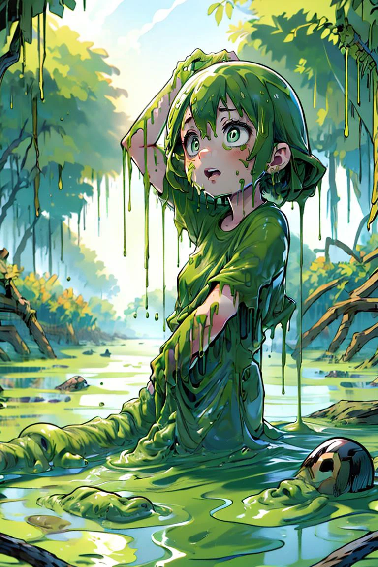 (masterpiece, best quality), 1girl, <lora:bottomlessSwamp:1>| swamp,bottomless swamp,sticky slime,slime (creature),slime (substance),dark,green theme,(from above,looking up,reaching towards viewer),reaching out,arm up,upper body,close-up,melting,drooling,