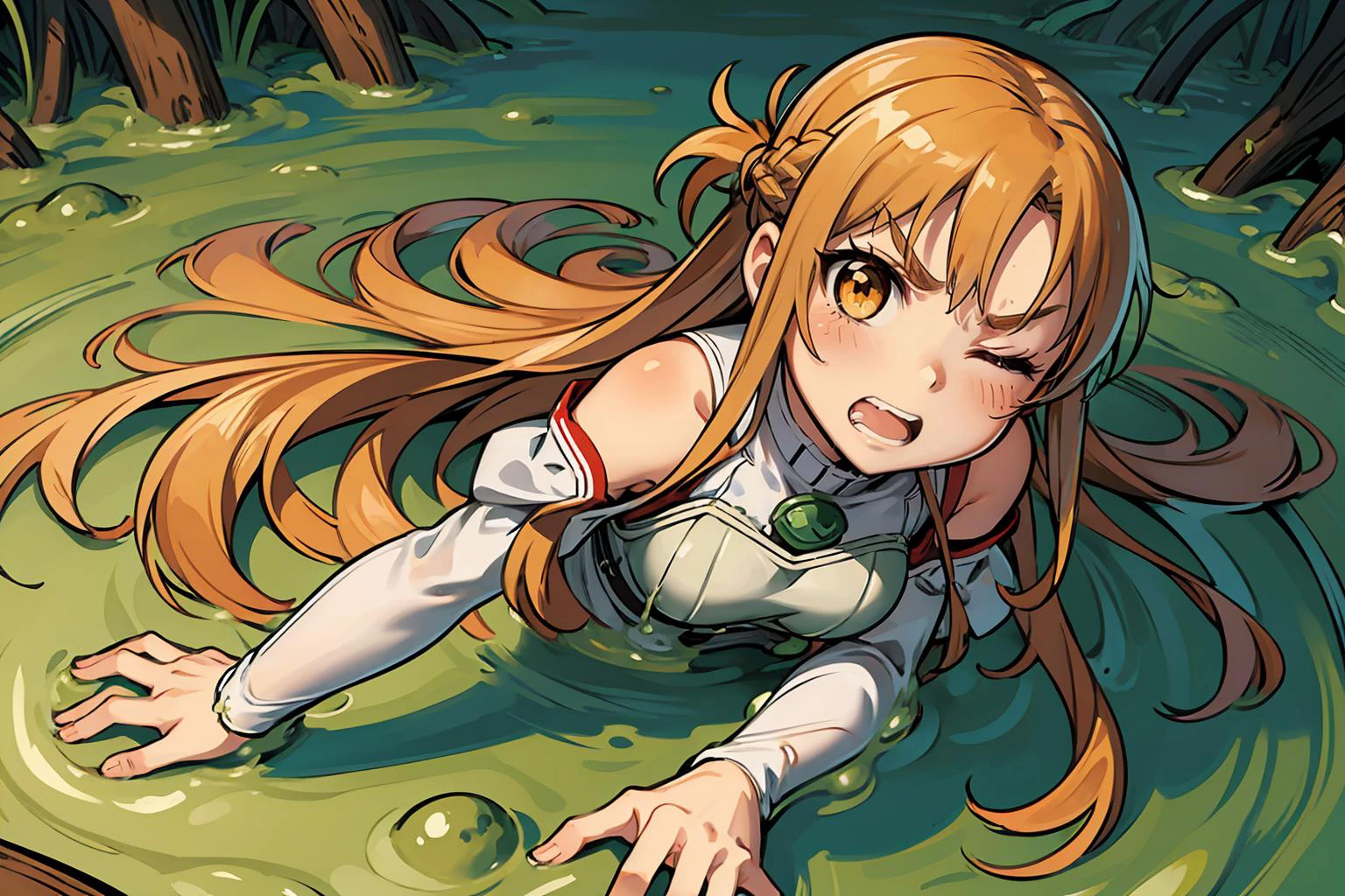 masterpiece,best quality,highly detailed,1girl,solo,clenched teeth,one eye closed,struggling,serious,v-shaped eyebrows,constricted pupils,scared,
<lora:asuna_(sao)_v1:0.7>,aaasuna,long hair,brown hair,braid,brown eyes,bare shoulders,armor,breastplate,white sleeves,detached sleeves,
BREAK
<lora:bottomlessSwamp:0.4>,swamp,bottomless swamp,sticky slime,slime (creature),slime (substance),dark,green theme,submerged,(from above,looking up,reaching towards viewer),reaching out,arm up,from behind,close-up,melting,drooling,