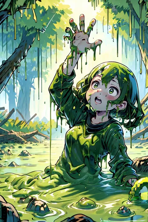 (masterpiece, best quality), 1girl,   <lora:bottomlessSwamp:1>| swamp,bottomless swamp,sticky slime,slime (creature),slime (substance),dark,green theme,(from above,looking up,reaching towards viewer),reaching out,arm up,upper body,close-up,melting,drooling,