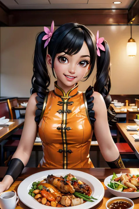 LingX, black hair, brown eyes, twintails, hair ornament, chinese clothes, orange coat, sleeveless, black fur trim, black pantyhose,  fingerless gloves, arm band, looking at viewer, smiling, happy, teeth, sitting, upper body shot, table, restaurant, table full of food, high quality, masterpiece 
<lora:LingXT7:.7>