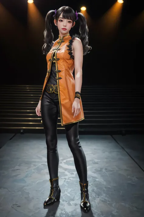highres,absurdres,masterpiece,best quality,original,extremely detailed CG,extremely detailed wallpaper,perfect lighting,looking at viewer,bare hands,standing on stage,1girl,blurry background,
<lora:LingXT7:0.7>, LingX,black hair,brown eyes,twintails,Chinese clothes,orange coat,sleeveless,fur trim,black pantyhose,black pants,black shirt,fingerless gloves,arm band,