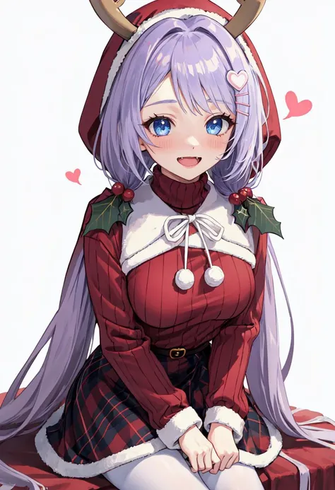 best quality, masterpiece, highres, solo, (hanae_bluearchive:1.10), 1girl, blush, heart, holly hair ornament, long sleeves, looking at viewer, low twintails, official alternate costume, plaid skirt, red sweater, ribbed sweater, smile, christmas, open mouth, turtleneck sweater, white pantyhose, red skirt, fake antlers, hood, simple background, white background, horns, sitting, 0 <lora:hanae_bluearchive:0.80>