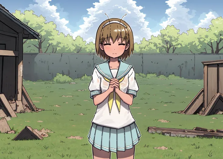 1girl, solo, white shirt, blue sailor collar, blue skirt, empty eyes, yellow neckerchief, school uniform, antennae, brown hair, wet clothes, (cowboy shot, jaggy lines, white outline), envy, own hands together, graveyard, praying, closed eyes, rain, outdoors, cloudy sky, leaf, ruins, sunbeam, post-apocalypse
<lyco:radiopulsar_v3-000015-32rank:1>