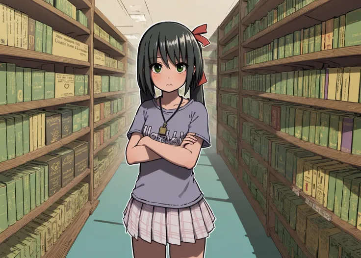 1girl, solo, green eyes, black hair, twintails, hair ribbon, clothes writing, pleated skirt, purple shirt, necklace, (cowboy shot, jaggy lines, white outline), :/, crossed arms, (in library:1.2), (garish clothes:1.1), D&D, medieval fantasy, (beautiful detailed library:1.2), (intricately detailed background:1.1), splash art
<lyco:radiopulsar_v3-000015-32rank:1>