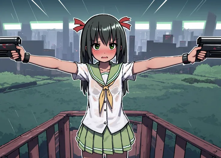1girl, solo, green eyes, twintails, green skirt, pleated skirt, black hair, hair ribbon, blush, white shirt, green sailor collar, red neckerchief, (cowboy shot, jaggy lines, white outline), flustered, outstretched arms, chiaroscuro neon lights, cyberpunk, cyberpunk city, graffiti, rain
<lyco:radiopulsar_v3-000015-32rank:1>