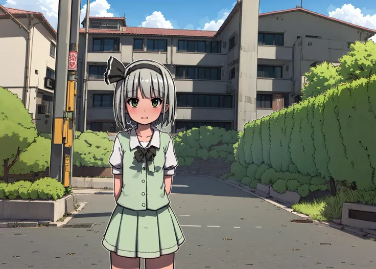 1girl, (konpaku youmu:1.25), (cowboy shot, jaggy lines, white outline), flustered, arms behind back, outdoors, nature, street, France, small town, gothic architecture
<lyco:radiopulsar_v3-000015-32rank:1>