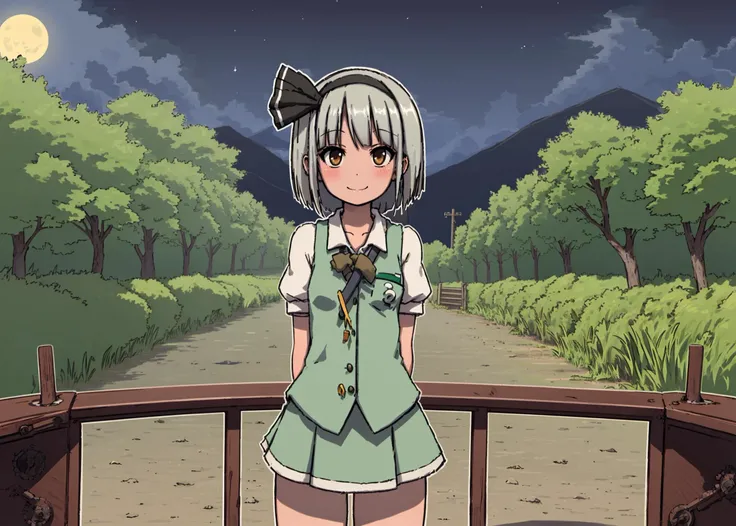1girl, (konpaku youmu:1.25), (cowboy shot, jaggy lines, white outline), smile, arms behind back, moon, night, steampunk, (gears), mechanist, mechanic, wrench, outdoors
<lyco:radiopulsar_v3-000015-32rank:1>