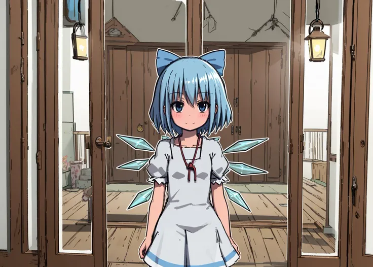1girl, (cirno:1.2), (cowboy shot, jaggy lines, white outline), day, doorway, electric fan, lantern, sliding doors, wind chime, warm lighting, medieval fantasy, intricately detailed background
<lyco:radiopulsar_v3-000015-32rank:1>